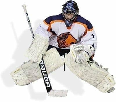 Ice hockey goalie in full kit, holding ice hockey stick